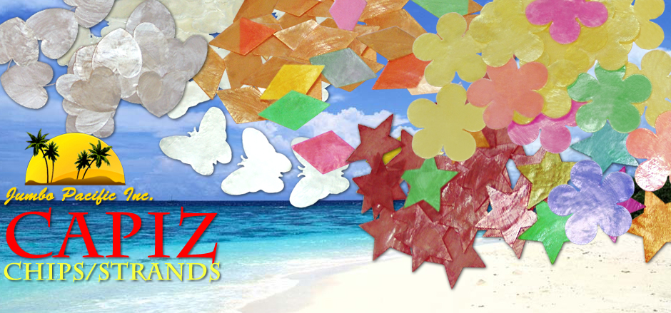 Collection of capiz chips and strands in a variety of colors and designs, sizes, with hole or without hole.